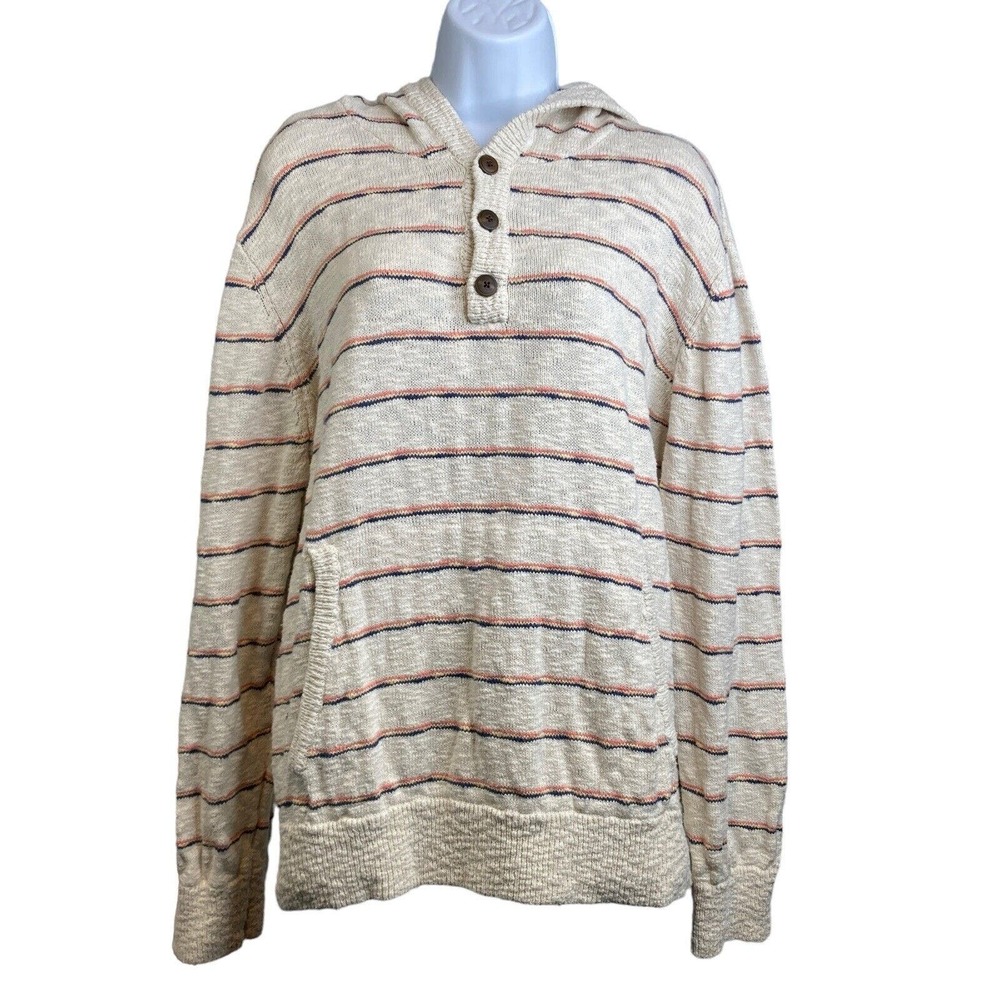 Faherty Cream Striped Hooded Pullover Sweatshirt